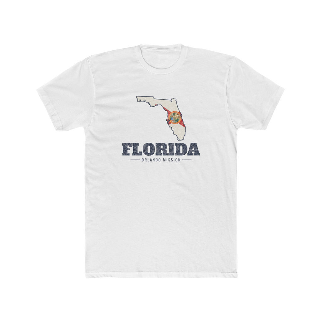 Florida Orlando Mission Flag Map shirt in White: Florida state flag in the outline of Florida with navy lettering, front view