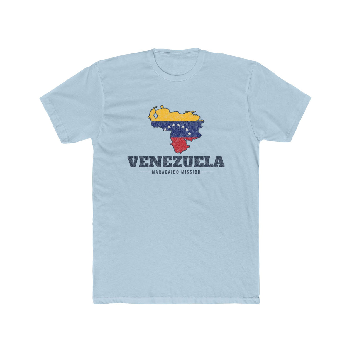 Venezuela Maracaibo Mission Flag Map shirt in Desert Pink: flag of Venezuela in the outline of Venezuela with navy lettering, front view