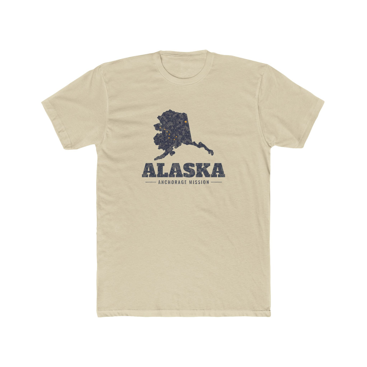 Alaska Anchorage Mission Flag Map shirt in Cream: Alaska state flag in the outline of Alaska with navy lettering, front view