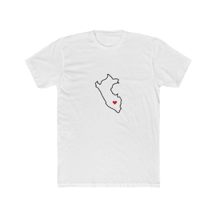 Peru Cusco Mission Heart Map shirt in White: Peru outline with a red heart, front view