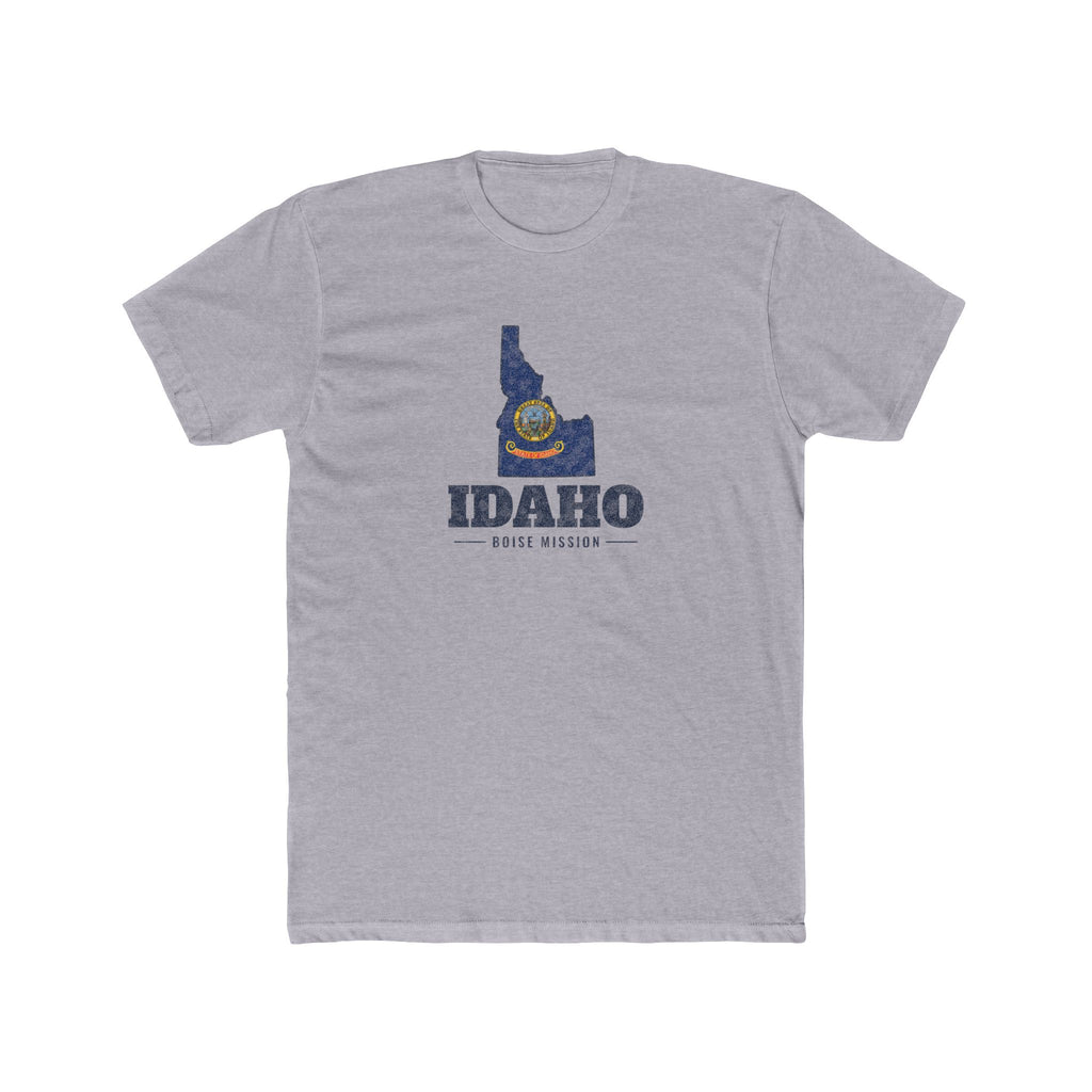 Idaho Boise Mission Flag Map shirt in Heather Grey: Idaho state flag in the outline of Idaho with navy lettering, front view
