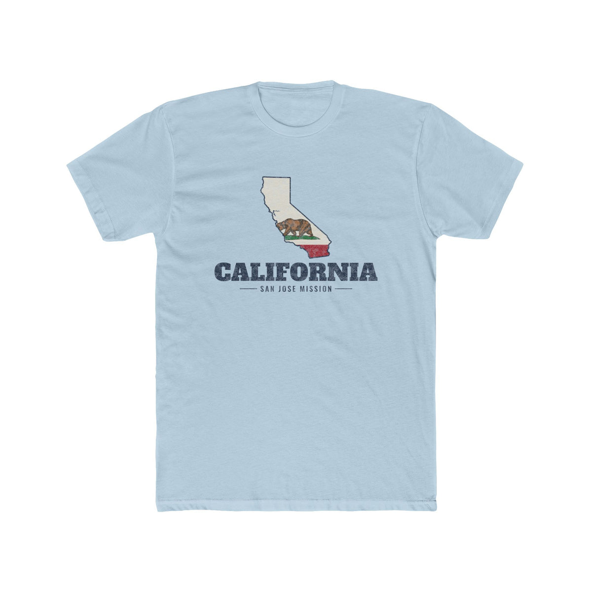 California San Jose Mission Flag Map shirt in Desert Pink: California state flag in the outline of California with navy lettering, front view