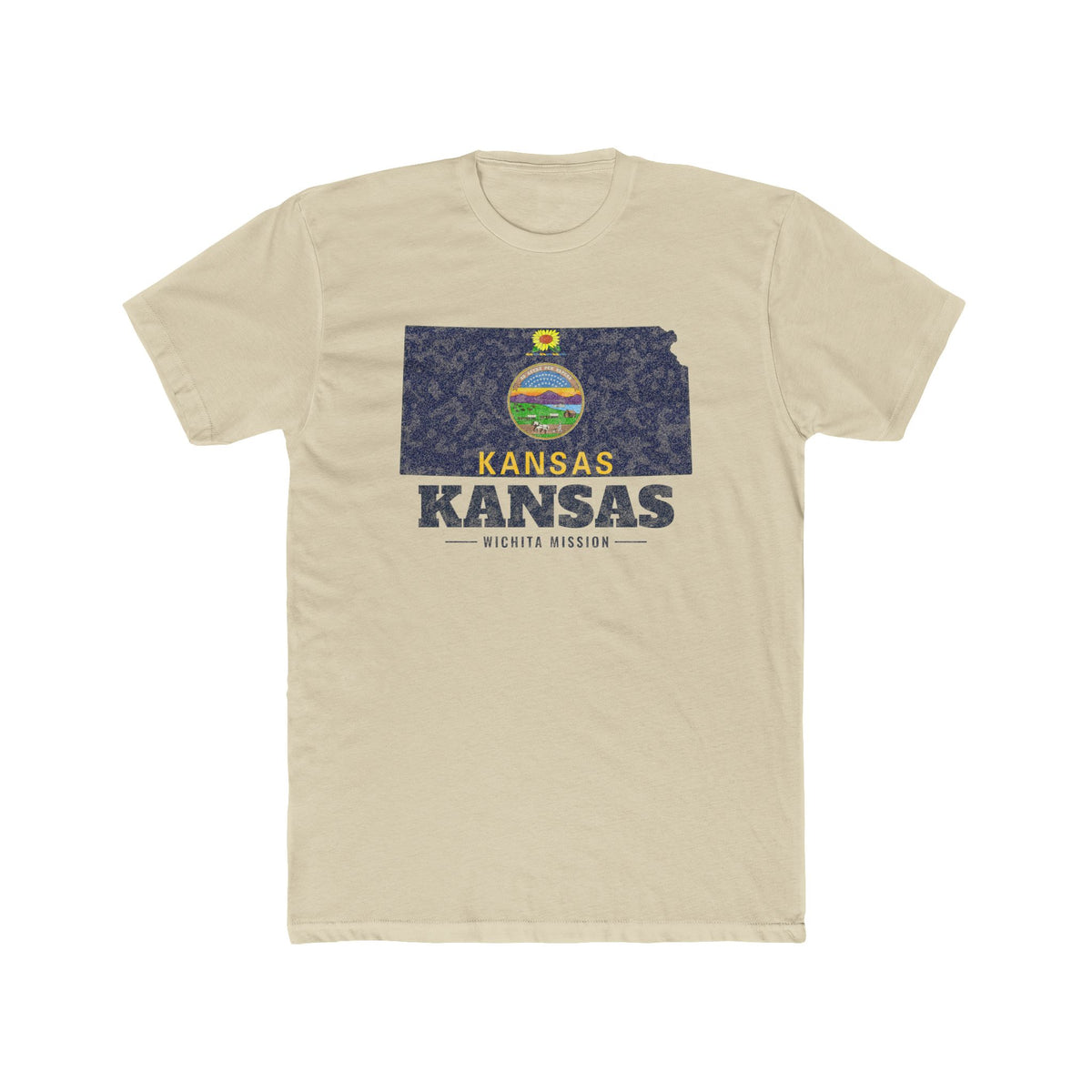 Kansas Wichita Mission Flag Map shirt in Cream: Kansas state flag in the outline of Kansas with navy lettering, front view