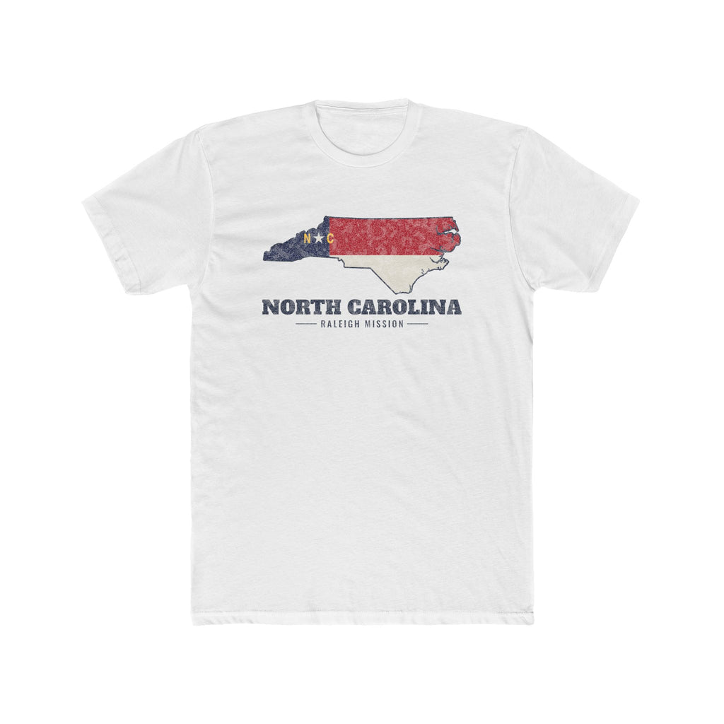 North Carolina Raleigh Mission Flag Map shirt in White: North Carolina state flag in the outline of North Carolina with navy lettering, front view