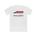 North Carolina Raleigh Mission Flag Map shirt in White: North Carolina state flag in the outline of North Carolina with navy lettering, front view