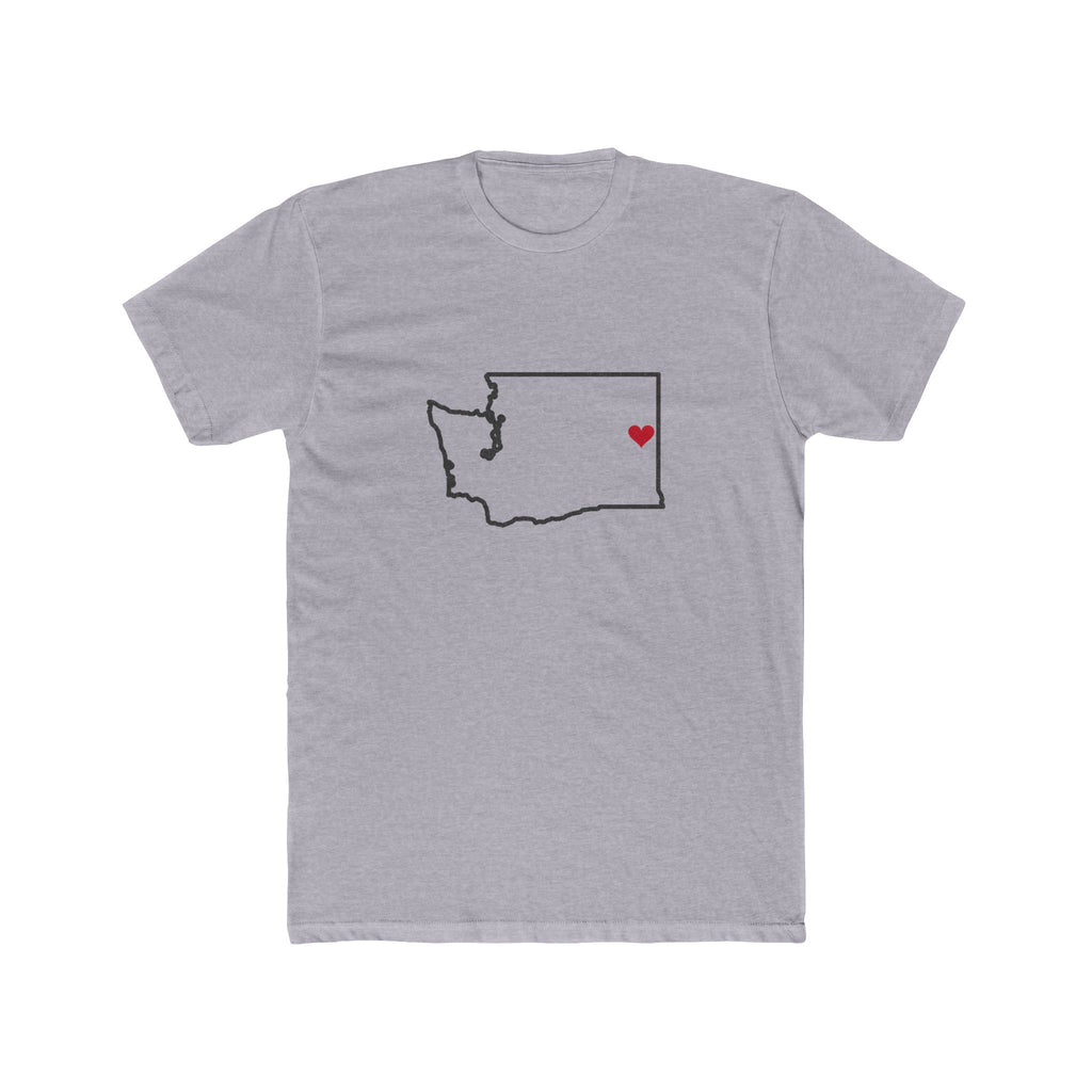 Washington Spokane Mission Heart Map shirt in Heather Grey: Washington outline with a red heart, front view