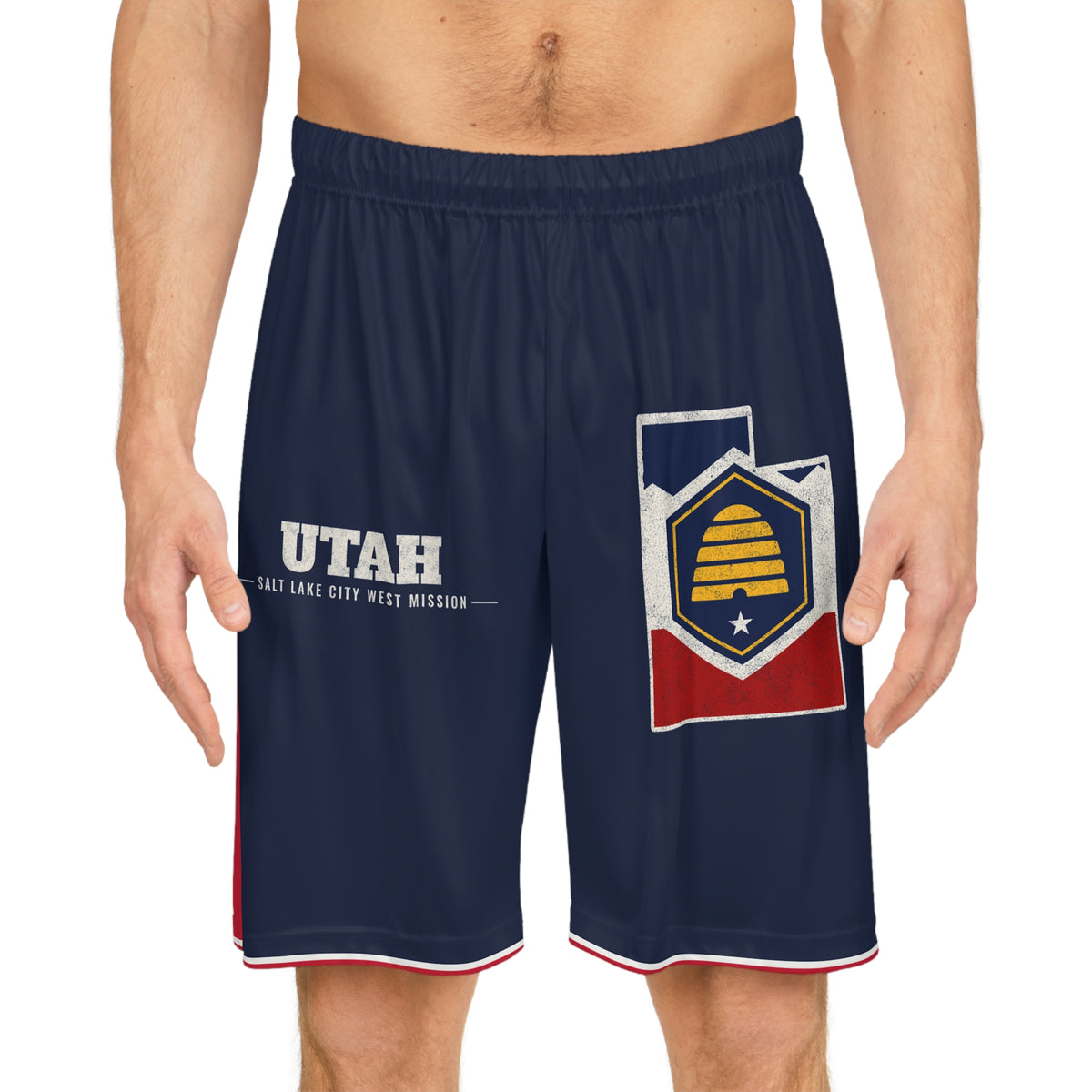 Utah Salt Lake City West Mission Basketball Shorts, worn, front view