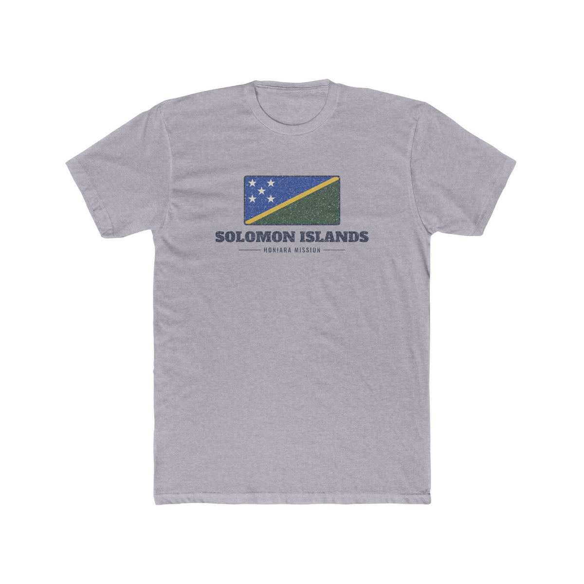 Solomon Islands Honiara Mission Flag Map shirt in Heather Grey: flag badge of the Solomon Islands with navy lettering, front view