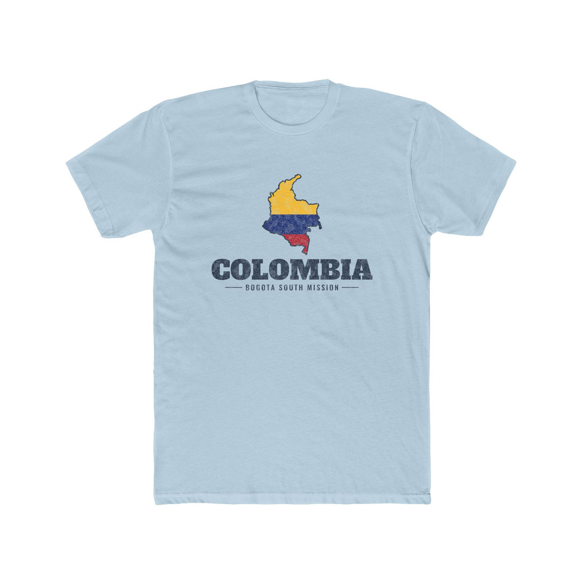 Colombia Bogota South Mission Flag Map shirt in Desert Pink: flag of Colombia in the outline of Colombia with navy lettering, front view