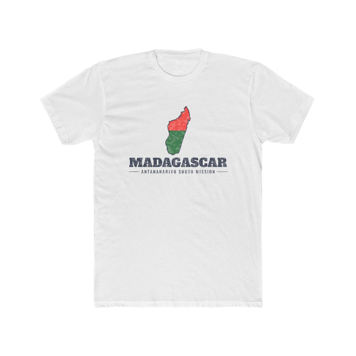 Madagascar Antananarivo South Mission Flag Map shirt in White: flag of Madagascar in the outline of Madagascar with navy lettering, front view