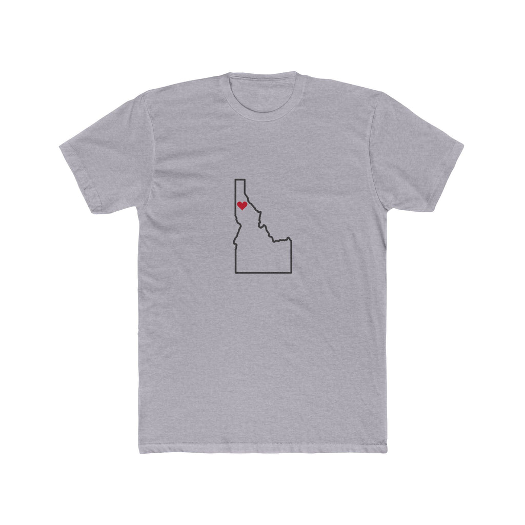 Idaho Coeur d'Alene Mission Heart Map shirt in Heather Grey: Idaho outline with a red heart, front view