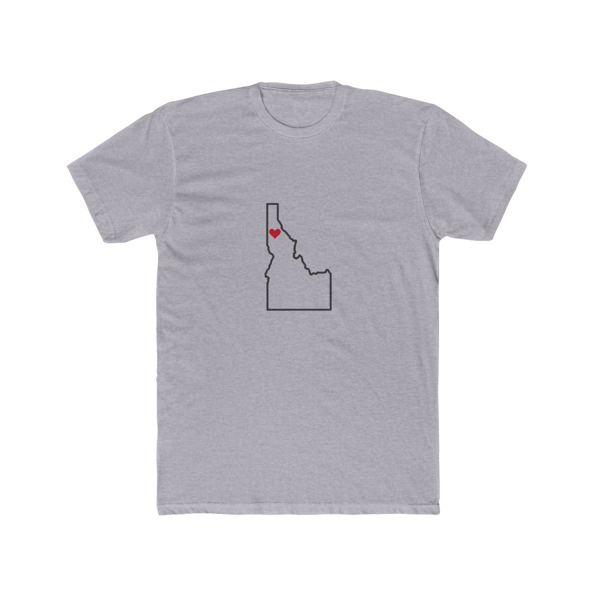 Idaho Coeur d'Alene Mission Heart Map shirt in Heather Grey: Idaho outline with a red heart, front view