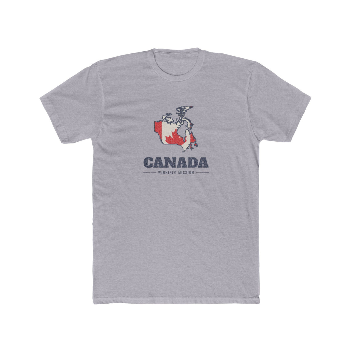 Canada Winnipeg Mission Flag Map shirt in Heather Grey: flag of Canada in the outline of Canada with navy lettering, front view