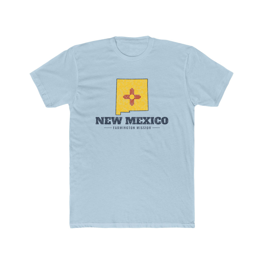 New Mexico Farmington Mission Flag Map shirt in Desert Pink: New Mexico state flag in the outline of New Mexico with navy lettering, front view