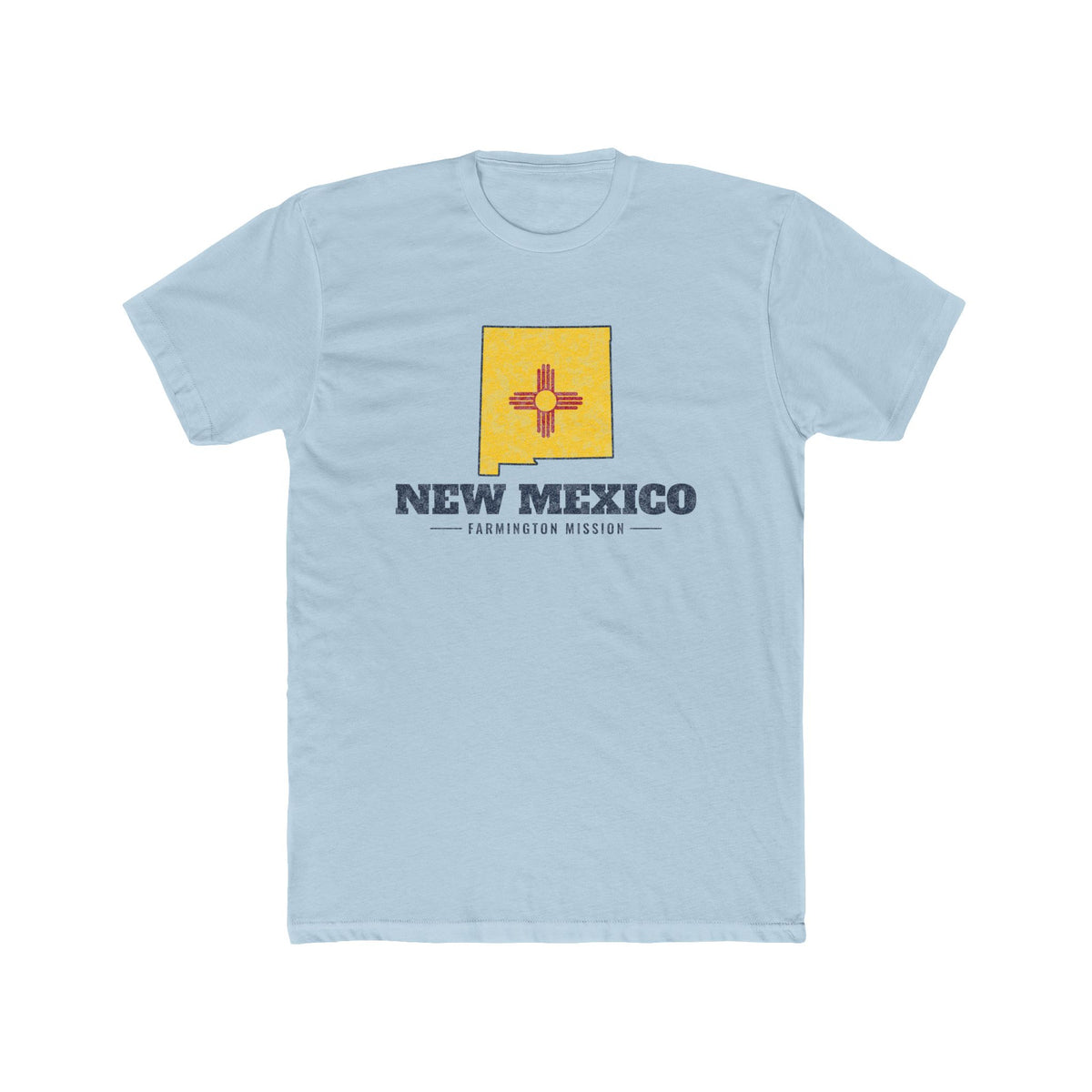 New Mexico Farmington Mission Flag Map shirt in Desert Pink: New Mexico state flag in the outline of New Mexico with navy lettering, front view