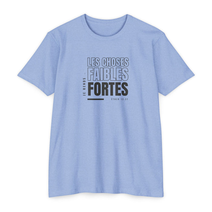 Weak Things Become Strong shirt in French on Heather Columbia Blue: “Je rends les choses faibles fortes”, Éther 12:27