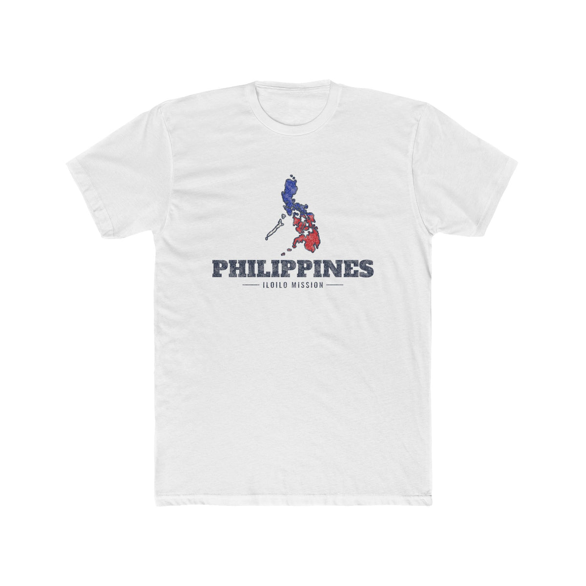 Philippines Iloilo Mission Flag Map shirt in White: colors of the Philippine flag in the outline of the Philippines with navy lettering, front view