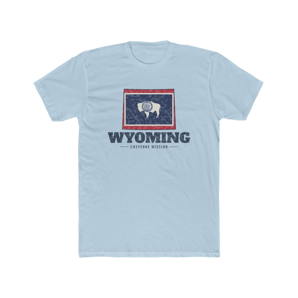 Wyoming Cheyenne Mission Flag Map shirt in Desert Pink: Wyoming state flag in the outline of Wyoming with navy lettering, front view