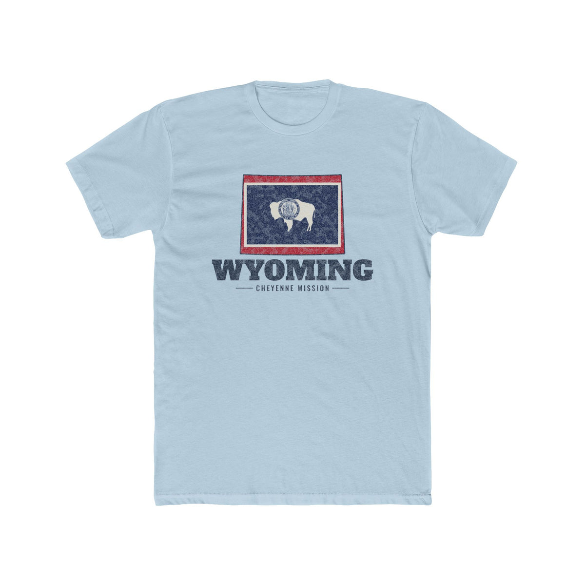 Wyoming Cheyenne Mission Flag Map shirt in Desert Pink: Wyoming state flag in the outline of Wyoming with navy lettering, front view