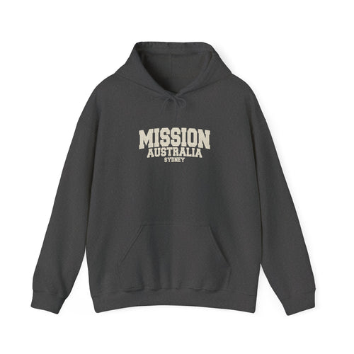 Australia Sydney Mission Hoodie in Dark Heather, front view with the varsity mission design