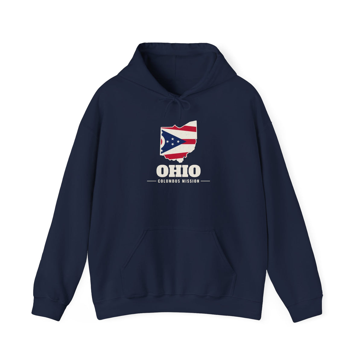 Ohio Columbus Mission Flag Map Hoodie in Navy, front view with the flag map and mission name