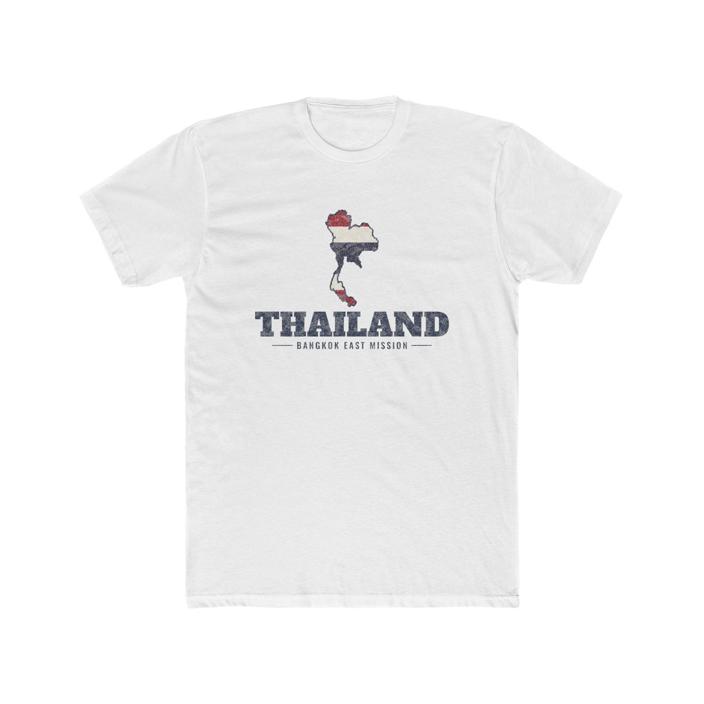 Thailand Bangkok East Mission Flag Map shirt in White: flag of Thailand in the outline of Thailand with navy lettering, front view