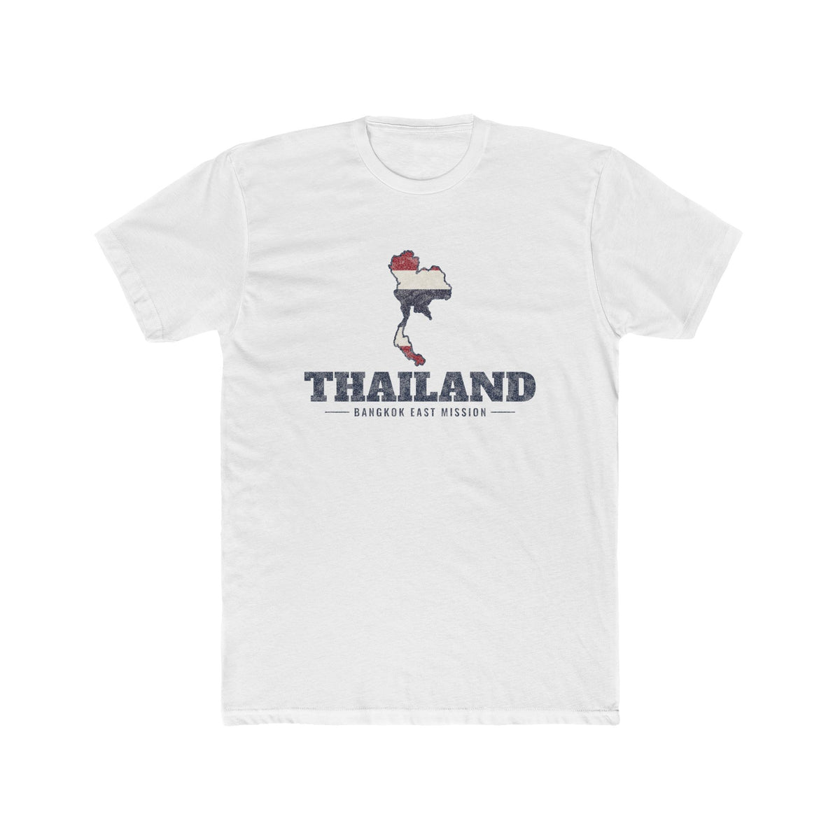 Thailand Bangkok East Mission Flag Map shirt in White: flag of Thailand in the outline of Thailand with navy lettering, front view