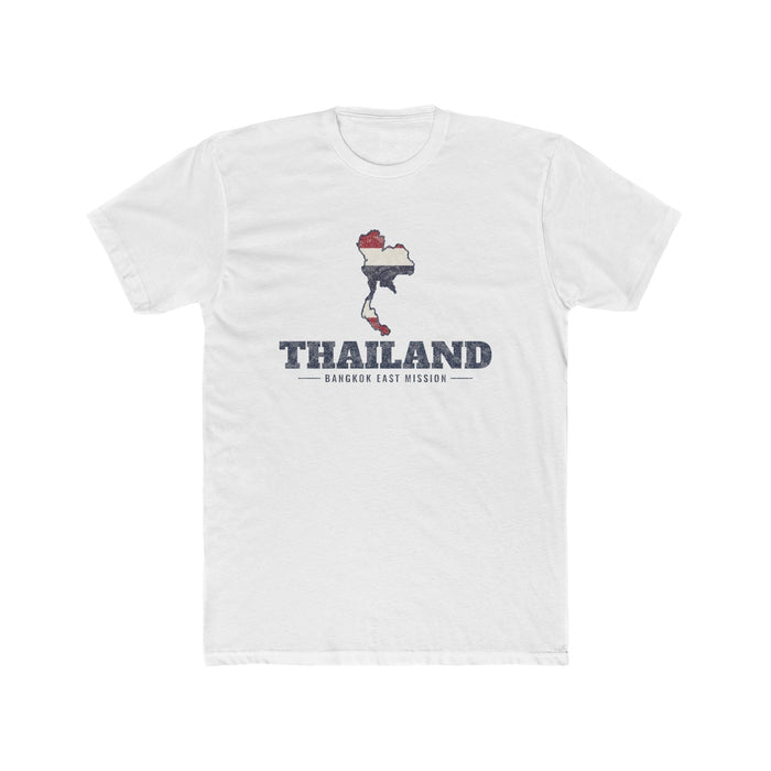 Thailand Bangkok East Mission Flag Map shirt in White: flag of Thailand in the outline of Thailand with navy lettering, front view