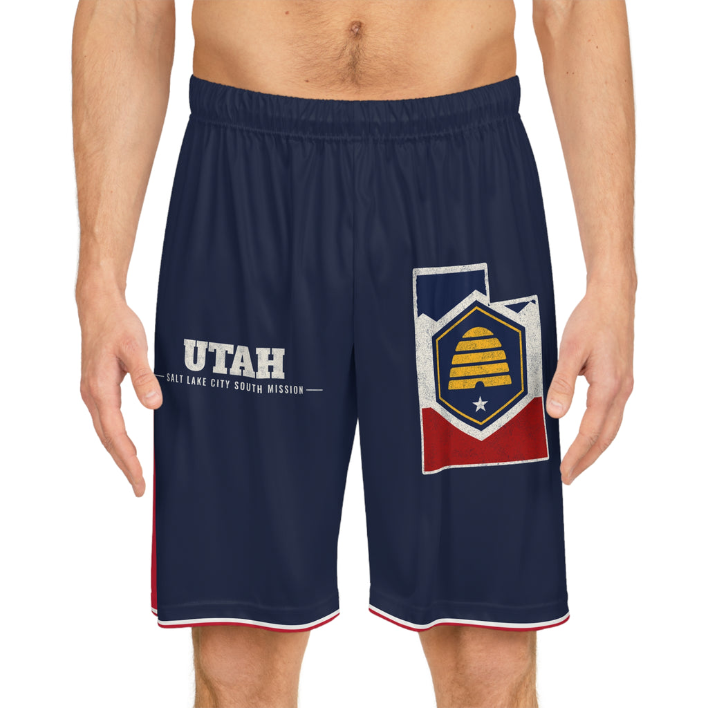 Utah Salt Lake City South Mission Basketball Shorts, worn, front view