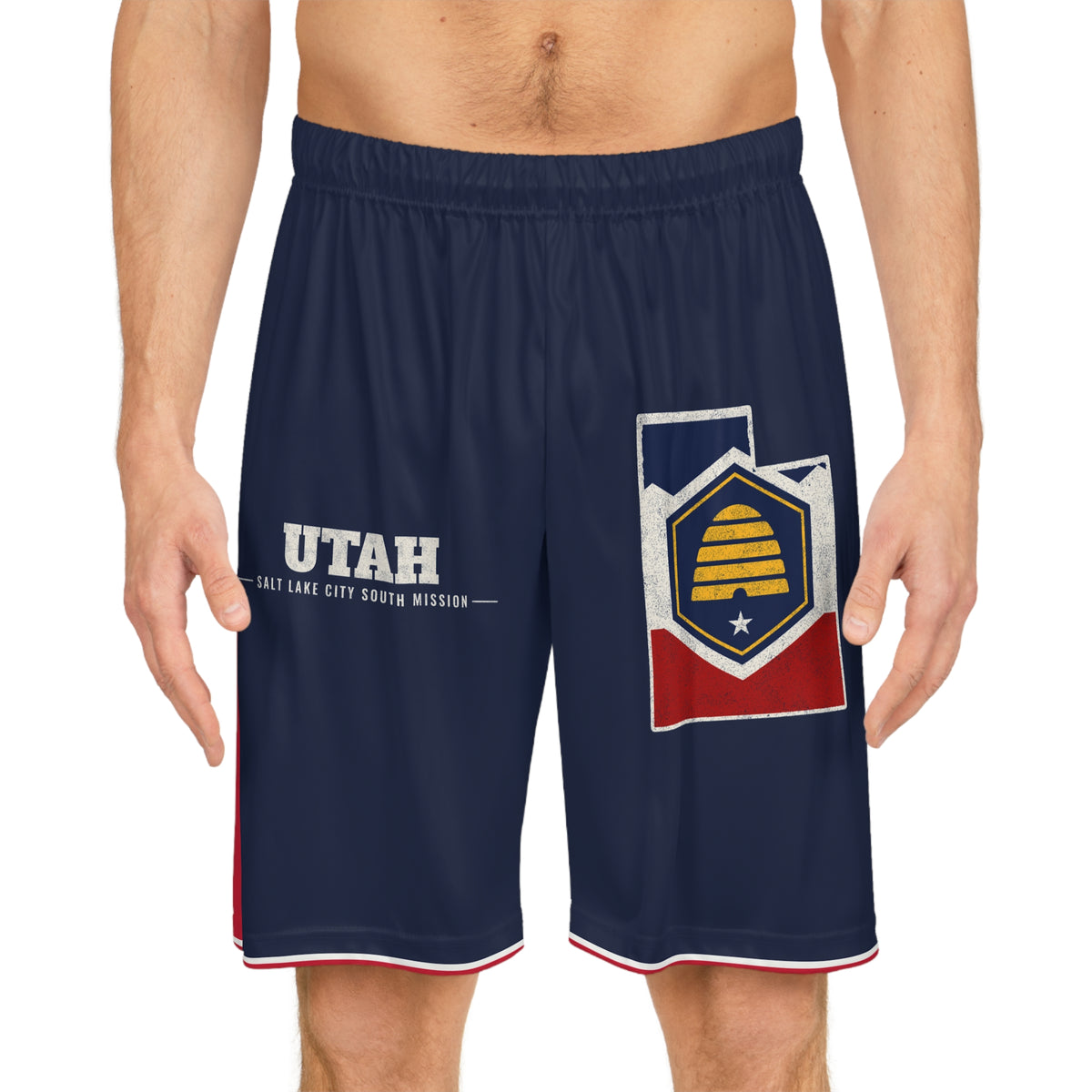 Utah Salt Lake City South Mission Basketball Shorts, worn, front view