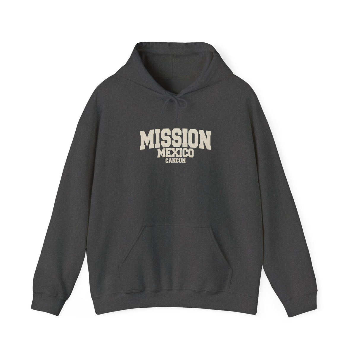 Mexico Cancun Mission Hoodie in Dark Heather, front view with the varsity mission design