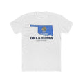 Oklahoma Tulsa Mission Flag Map shirt in White: Oklahoma state flag in the outline of Oklahoma with navy lettering, front view