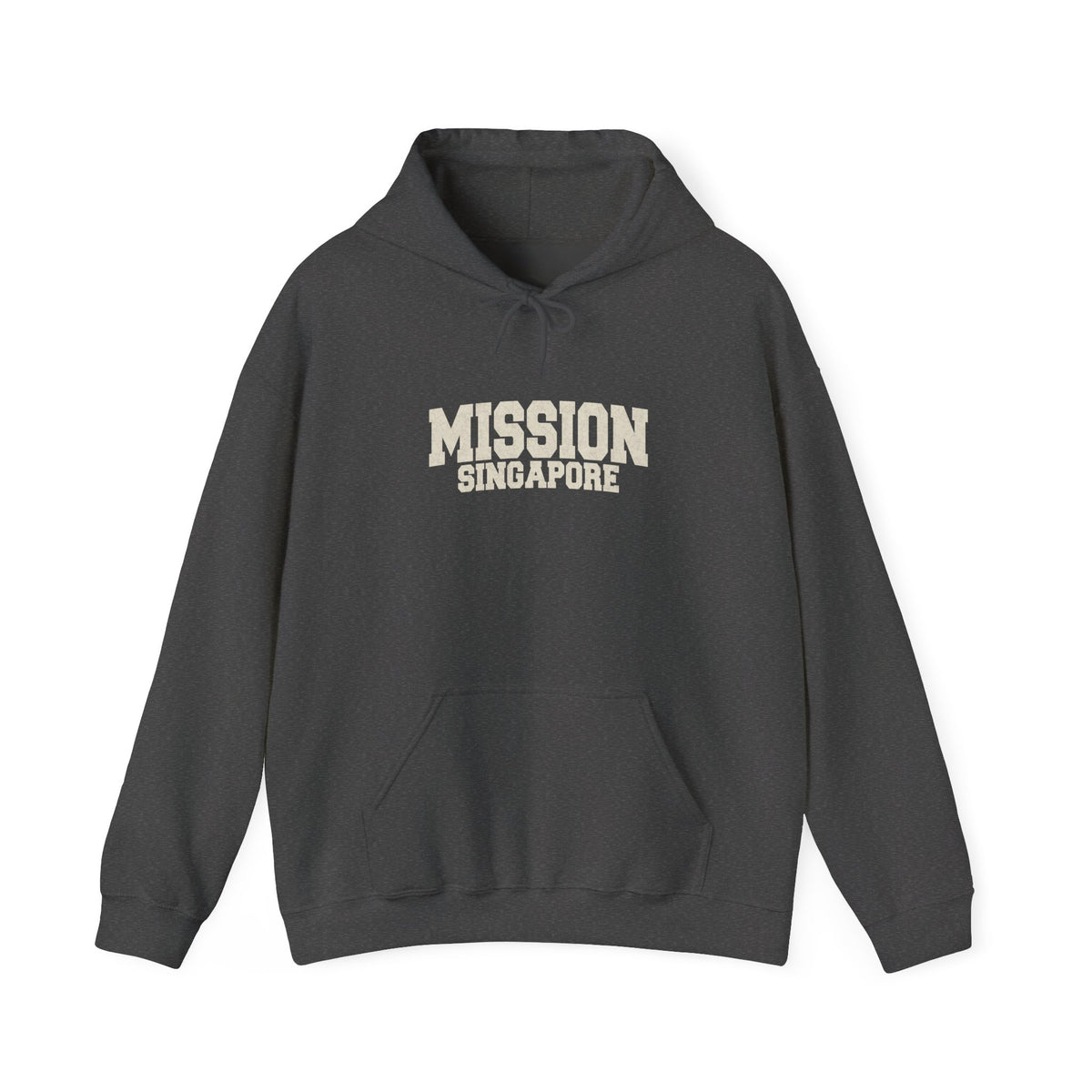 Singapore Mission Hoodie in Dark Heather, front view with the varsity mission design