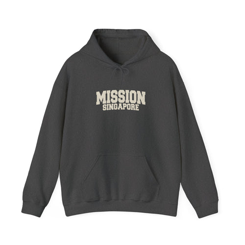 Singapore Mission Hoodie in Dark Heather, front view with the varsity mission design