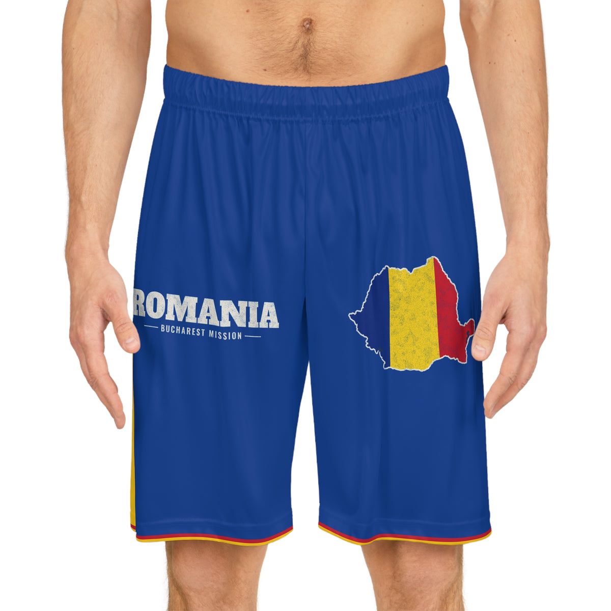 Romania Bucharest Mission Basketball Shorts, worn, front view