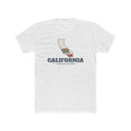California Carlsbad Mission Flag Map shirt in White: California state flag in the outline of California with navy lettering, front view