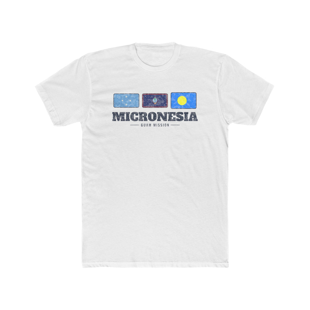 Micronesia Guam Mission Flag Map shirt in White: flags of Micronesia, Guam and Palau in a row with navy lettering, front view