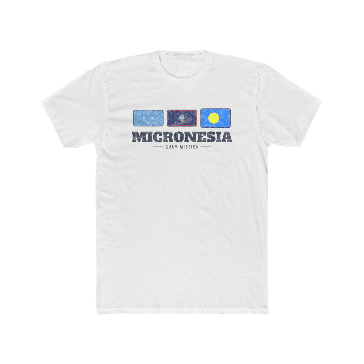 Micronesia Guam Mission Flag Map shirt in White: flags of Micronesia, Guam and Palau in a row with navy lettering, front view