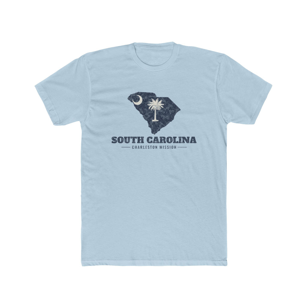 South Carolina Charleston Mission Flag Map shirt in Desert Pink: South Carolina state flag in the outline of South Carolina with navy lettering, front view