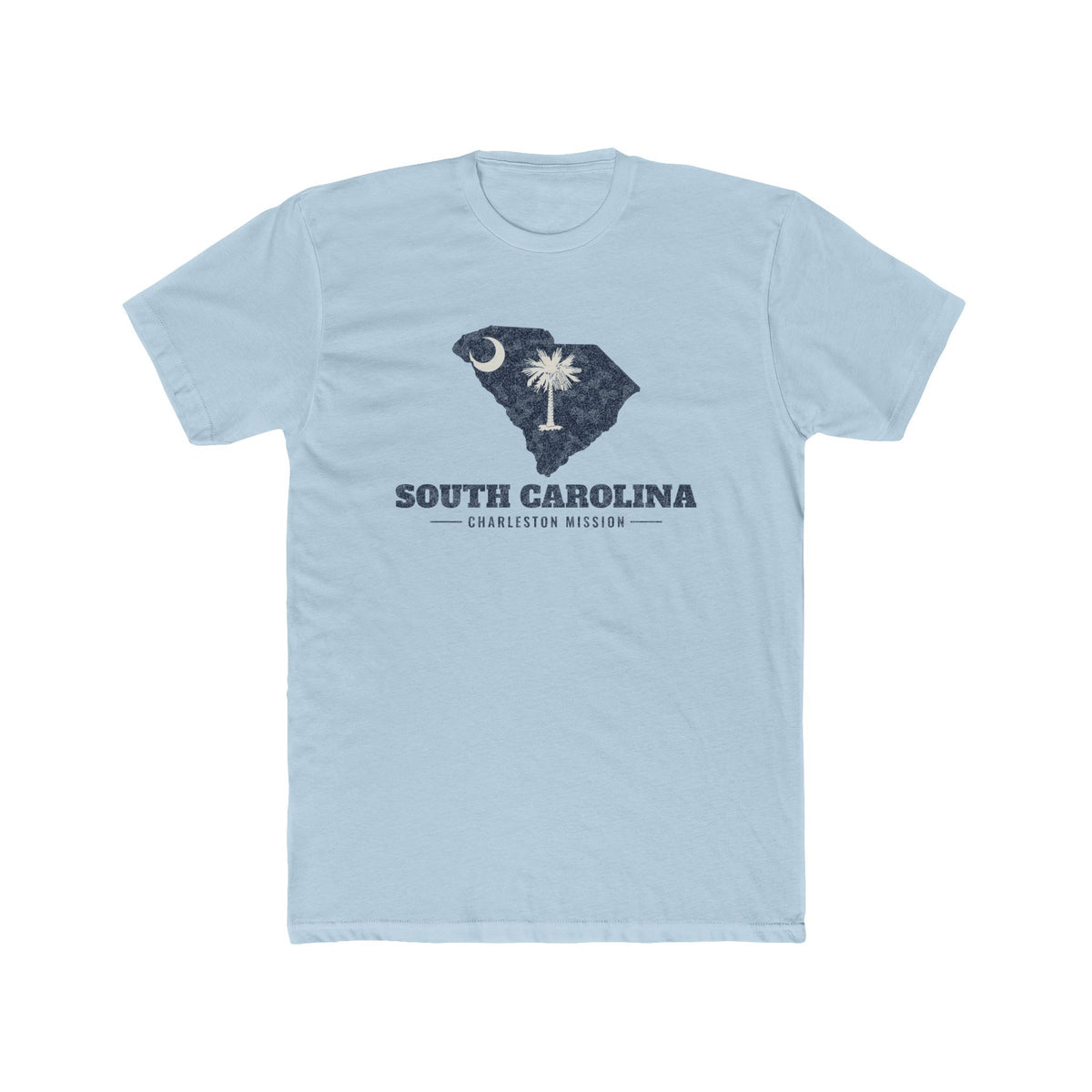 South Carolina Charleston Mission Flag Map shirt in Desert Pink: South Carolina state flag in the outline of South Carolina with navy lettering, front view