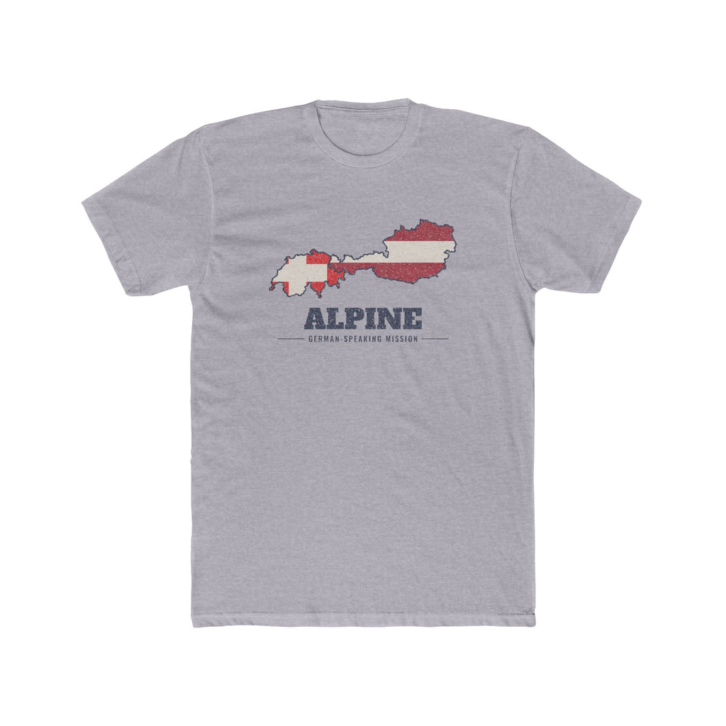 Alpine German-Speaking Mission Flag Map shirt in Heather Grey: flags of Switzerland, Liechtenstein and Austria in their country outlines with navy lettering, front view