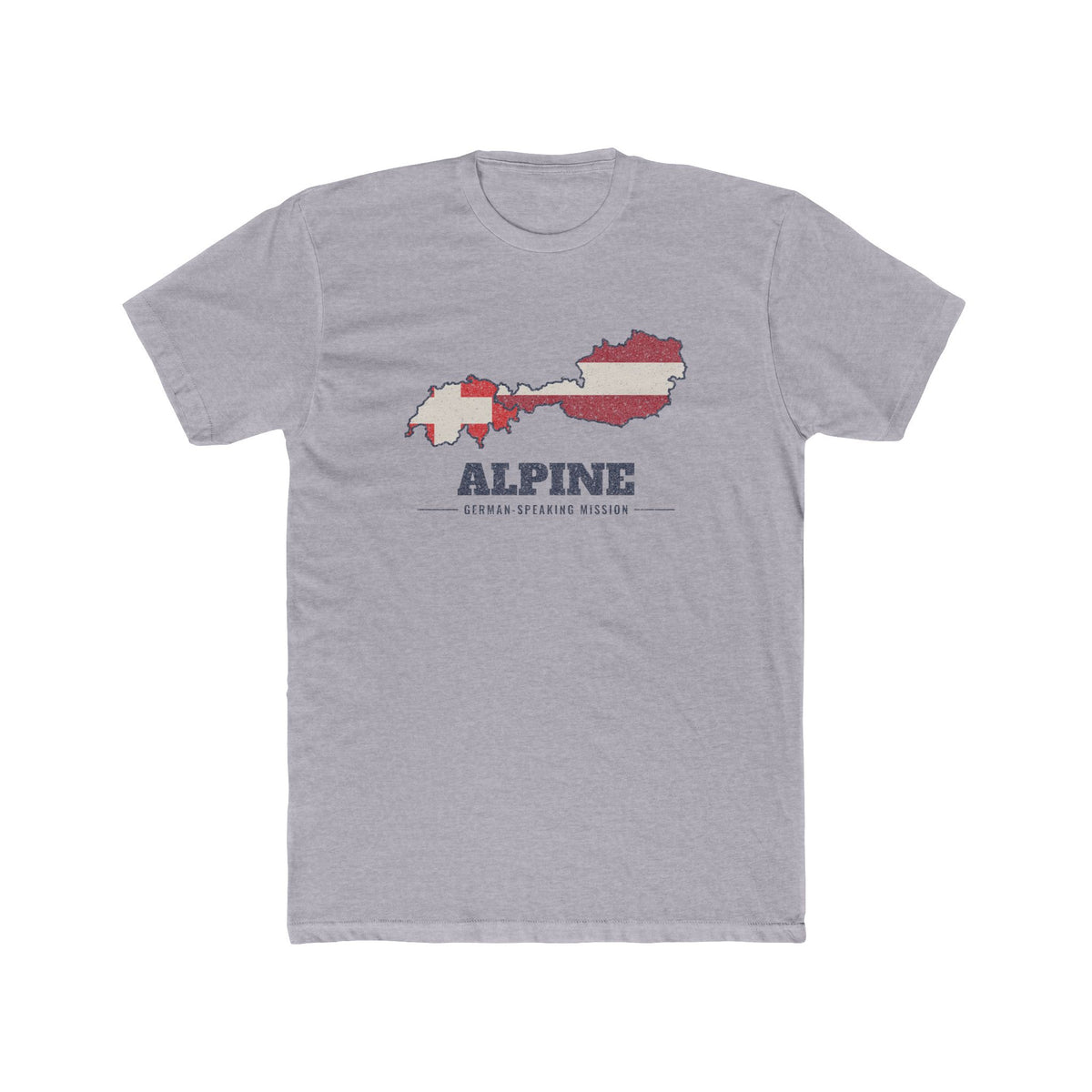 Alpine German-Speaking Mission Flag Map shirt in Heather Grey: flags of Switzerland, Liechtenstein and Austria in their country outlines with navy lettering, front view