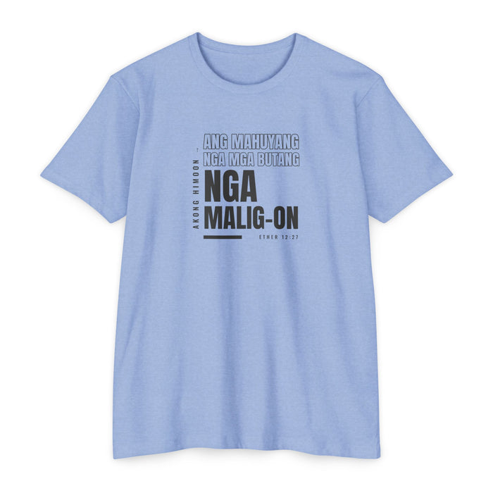 Weak Things Become Strong shirt in Cebuano on Heather Columbia Blue: “Akong himoon ang mahuyang nga mga butang nga malig-on”, Ether 12:27