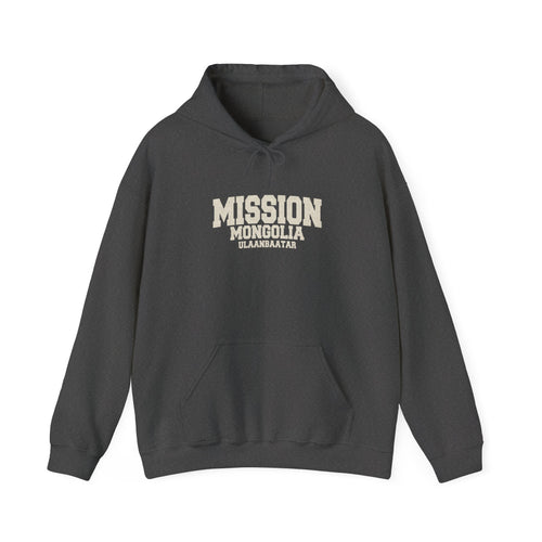 Mongolia Ulaanbaatar Mission Hoodie in Dark Heather, front view with the varsity mission design