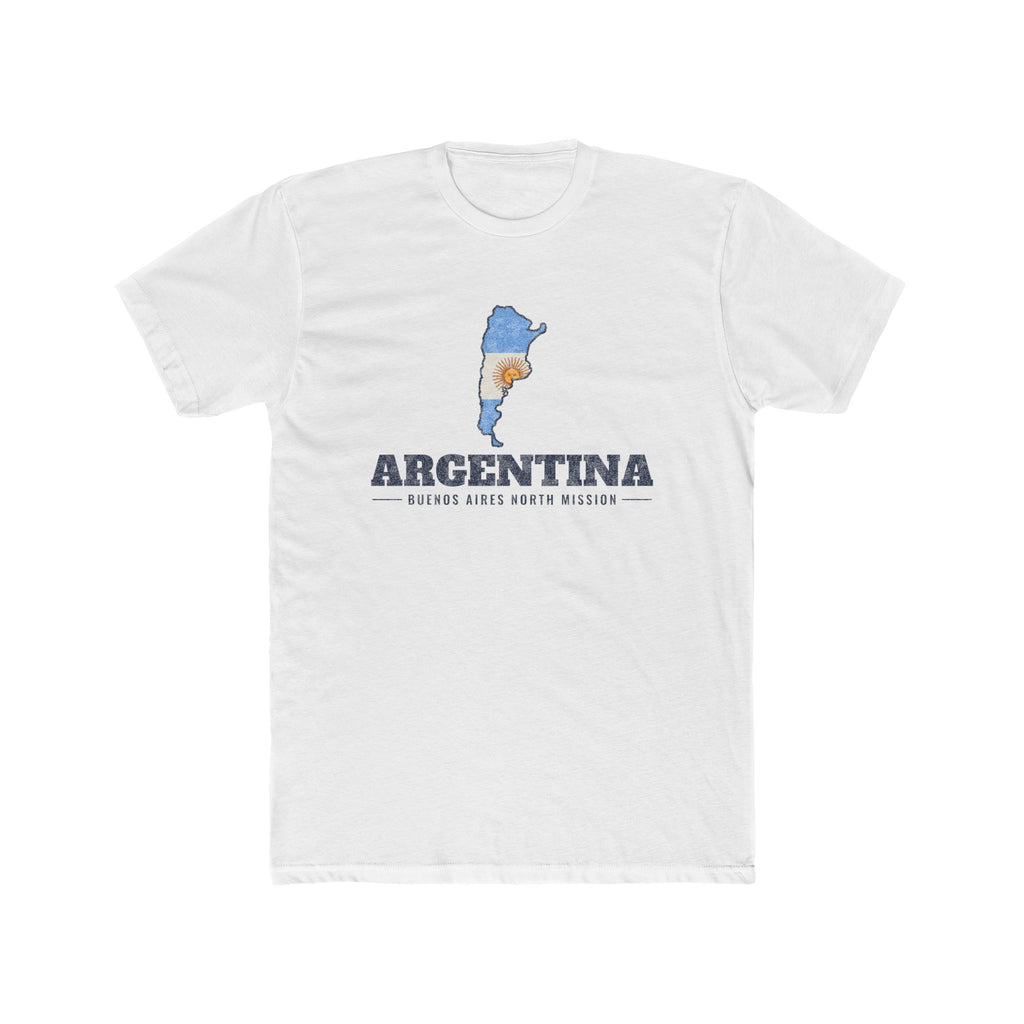 Argentina Buenos Aires North Mission Flag Map shirt in White: flag of Argentina in the outline of Argentina with navy lettering, front view