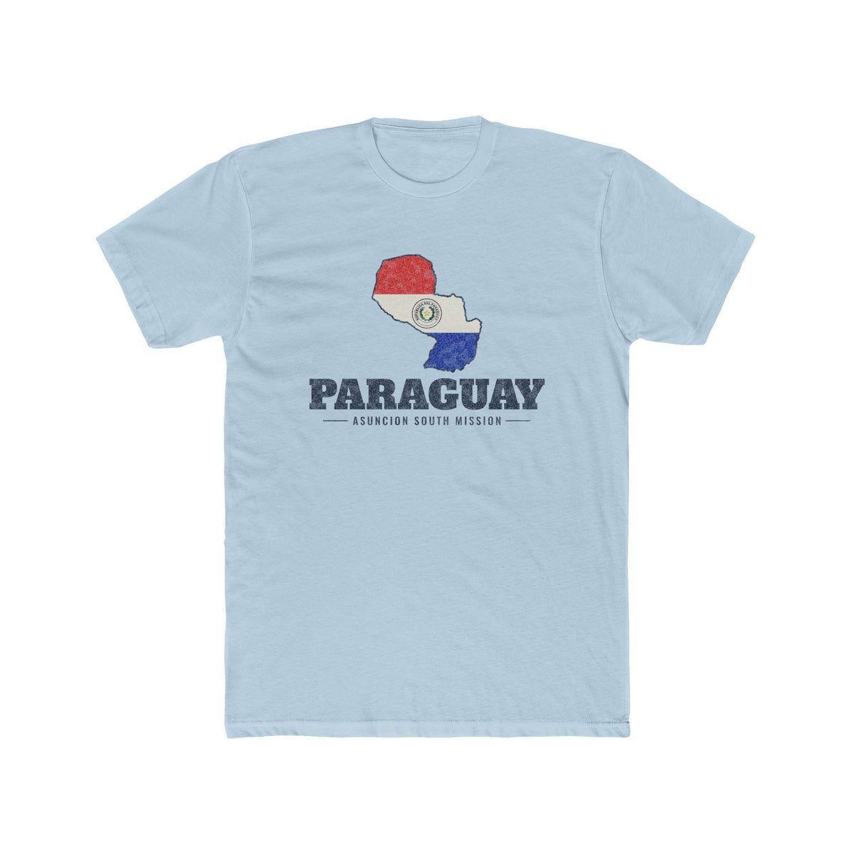 Paraguay Asuncion South Mission Flag Map shirt in Desert Pink: flag of Paraguay in the outline of Paraguay with navy lettering, front view