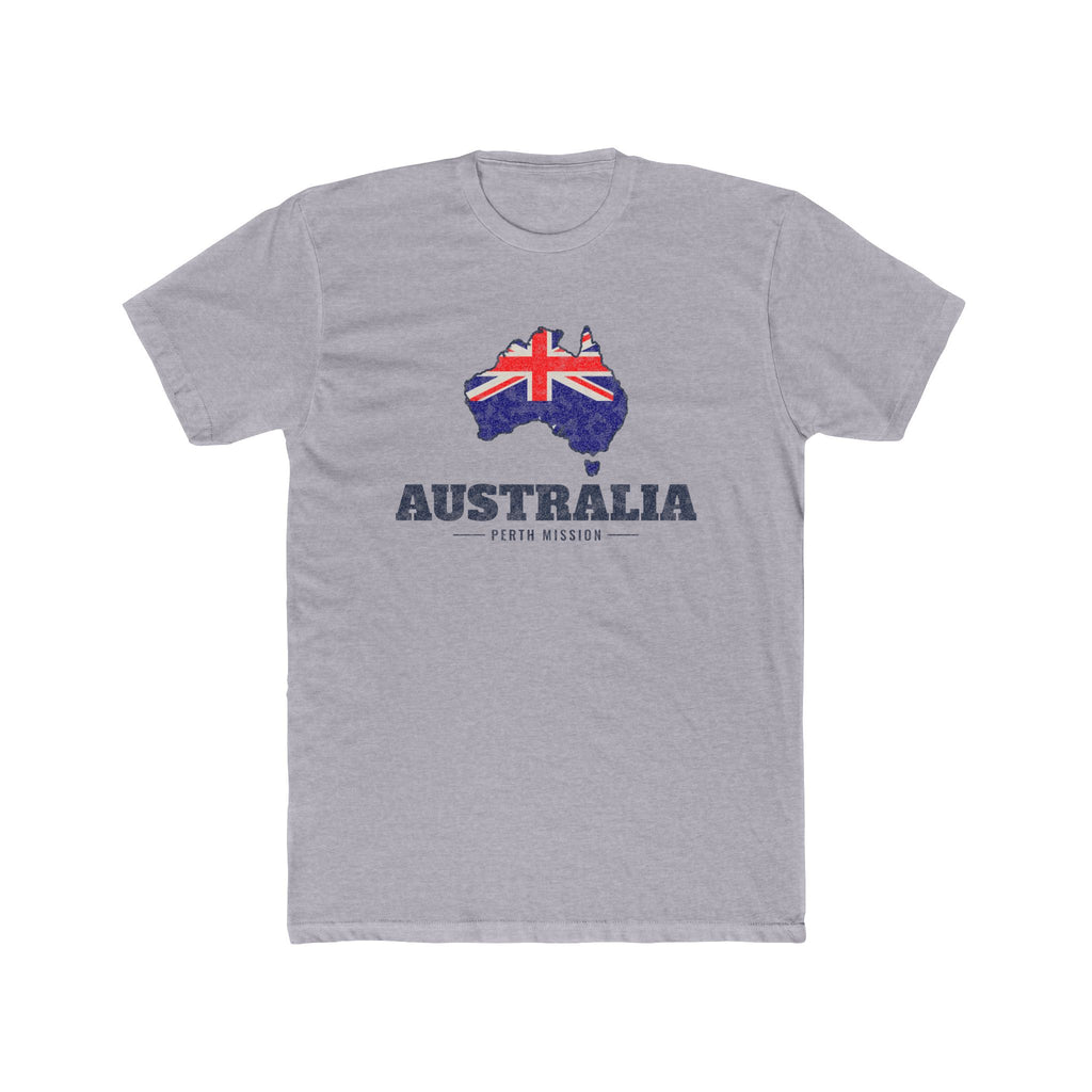 Australia Perth Mission Flag Map shirt in Heather Grey: flag of Australia in the outline of Australia with navy lettering, front view