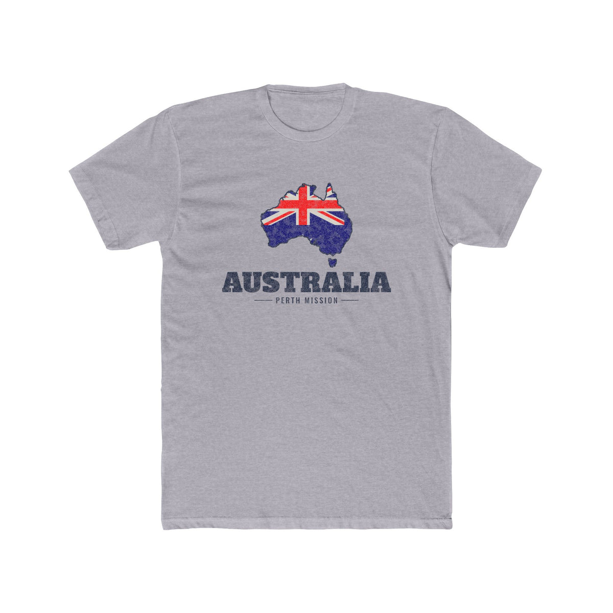 Australia Perth Mission Flag Map shirt in Heather Grey: flag of Australia in the outline of Australia with navy lettering, front view