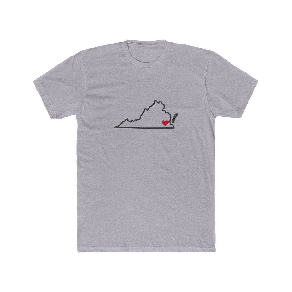 Virginia Norfolk Mission Heart Map shirt in Heather Grey: Virginia outline with a red heart, front view