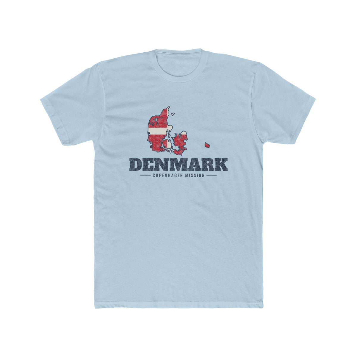 Denmark Copenhagen Mission Flag Map shirt in Desert Pink: flag of Denmark in the outline of Denmark with navy lettering, front view